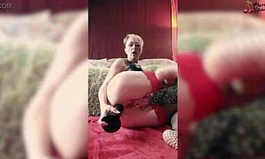 horny mommy rough anal with huge dildo, deepthroat, and squirting orgasm