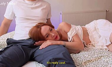 stepbrother got hard watching a movie, so she sucked his dick right there