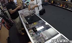 Pretty babe gets her pussy drilled hard by pawnbroker on desk.