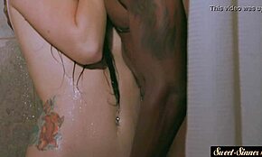 Tattooed stepsister rides hard in a steamy interracial encounter.