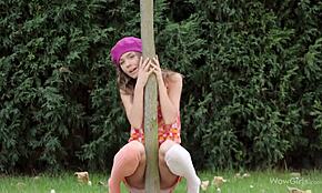 Silly teen girl gets horny and plays solo outdoors