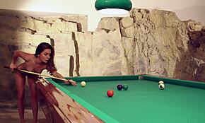 Denim shorts dark-haired GF gets bored and STRIPS by the pool table