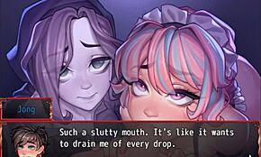 I harém-spill konkurrerer spøkelse og pike om dobbel blowjob med monsterkuk.