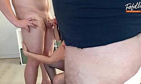 Watch hubby watch a stranger cum in his wife's mouth while he jerks off in this hot threesome!