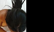 hot latina kneels to suck a massive cock with deepthroat skills. her face gets pounded rough.