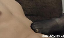 european milf in lingerie gets her nylons covered in cumshot after handjob and undressing