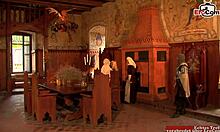 Skinny brunette licks skinny busty blonde's pussy during lesbian sex