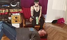 Slim goth domina feeding slave mouth to mouth HD