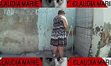 Removing panties from curvy woman for oral sex against wall