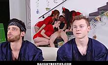 Redhead And Brunette Spread Pussies In Doggystyle Group