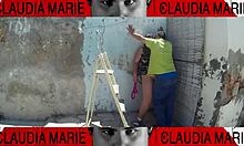 Removing panties from curvy woman for oral sex against wall