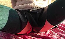 Orgasm control play with vibrator in the park for hot couple