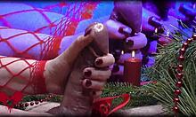 mrs santa claus gives hubby handjob and fingers his peehole close-up