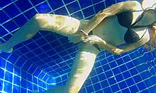 Three Panties Stuffed in My Pussy! Fuck a Black Dildo in Public Pool!