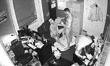 Wild gay threesome explodes at work on webcam with bareback!