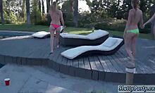 Outdoor orgy features pussy licking, blowjob, and handjob with blonde teen