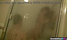 hot brunette in shower licking pussy, what a scandalous wet mess!