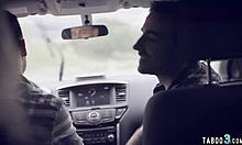 Petite teen rides two strangers in double penetration.