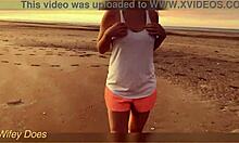 I flash my big tits at the sunset outdoors