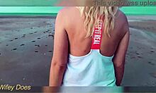 I flash my big tits at the sunset outdoors