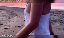 I flash my big tits at the sunset outdoors