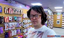 Horny newbie sucks nerd's cock.