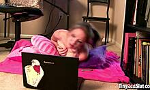 tiny red slut goes live on webcam, teasing her natural tits before licking her pussy and masturbating to orgasm.