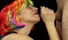 Watch this brunette WIFE get a COLORFUL WIG FACIAL!