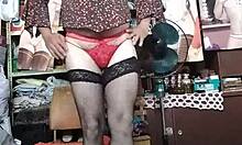 I can't believe how sexy this travesti looks in her red thong, her ass is amazing!