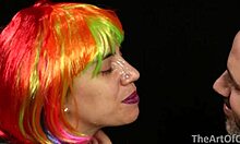 Watch this brunette WIFE get a COLORFUL WIG FACIAL!