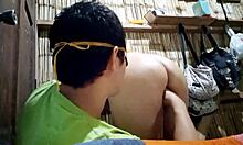 Sexy brunette stepsiblings touching. Erotically playing with oil.