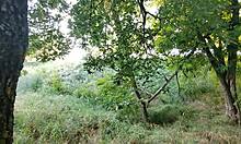 Beautiful girl bends over for stranger in woods