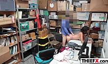In the garage, the teen burglar is punished with a hardcore blowjob after spreading her hot legs for the amateur.