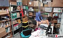 In the garage, the teen burglar is punished with a hardcore blowjob after spreading her hot legs for the amateur.