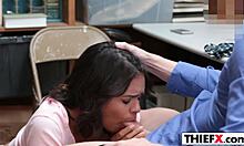 In the garage, the teen burglar is punished with a hardcore blowjob after spreading her hot legs for the amateur.