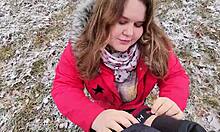 i love getting facial cum drooling from my chubby girlfriend's outdoor blowjob with her big boobs