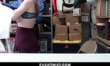 Redhead teen caught shoplifting bends over for doggystyle punishment in garage.