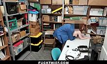 Redhead teen caught shoplifting bends over for doggystyle punishment in garage.