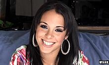 Eve Evans, a slutty brunette, squats on a fat prick for rough wanking.