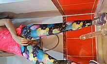 pee and close-up dildo masturbation in gym shower