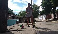 Damn, neighbor’s tiny dress shows off her huge ass while sweeping outside. Wanna lick that pussy?