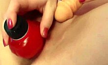 this teen blonde is masturbating her pussy with dildo and sex toy