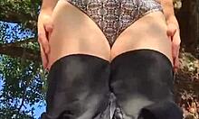 Look at this naughty slut outside in her cute panty, showing off her fat ass and squirting.