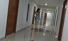 Up dress, no panties, riding black dildo in hotel