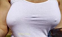 sexy milf exhibitionist dare in public with wet shirt and stranger