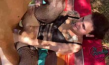 Naughty voluptuous French amateur brunette Vick has intense orgasm outdoors in lingerie