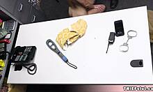 skinny flat-chested blonde thief bent over, punished with rough blowjob and tight pussy fucking by mall cop.