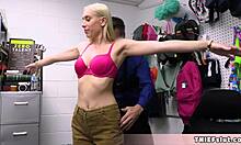 skinny flat-chested blonde thief bent over, punished with rough blowjob and tight pussy fucking by mall cop.