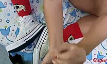 girlfriend tempts with shoes and red socks, gives foot massage until climax