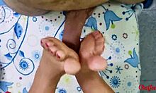 girlfriend tempts with shoes and red socks, gives foot massage until climax